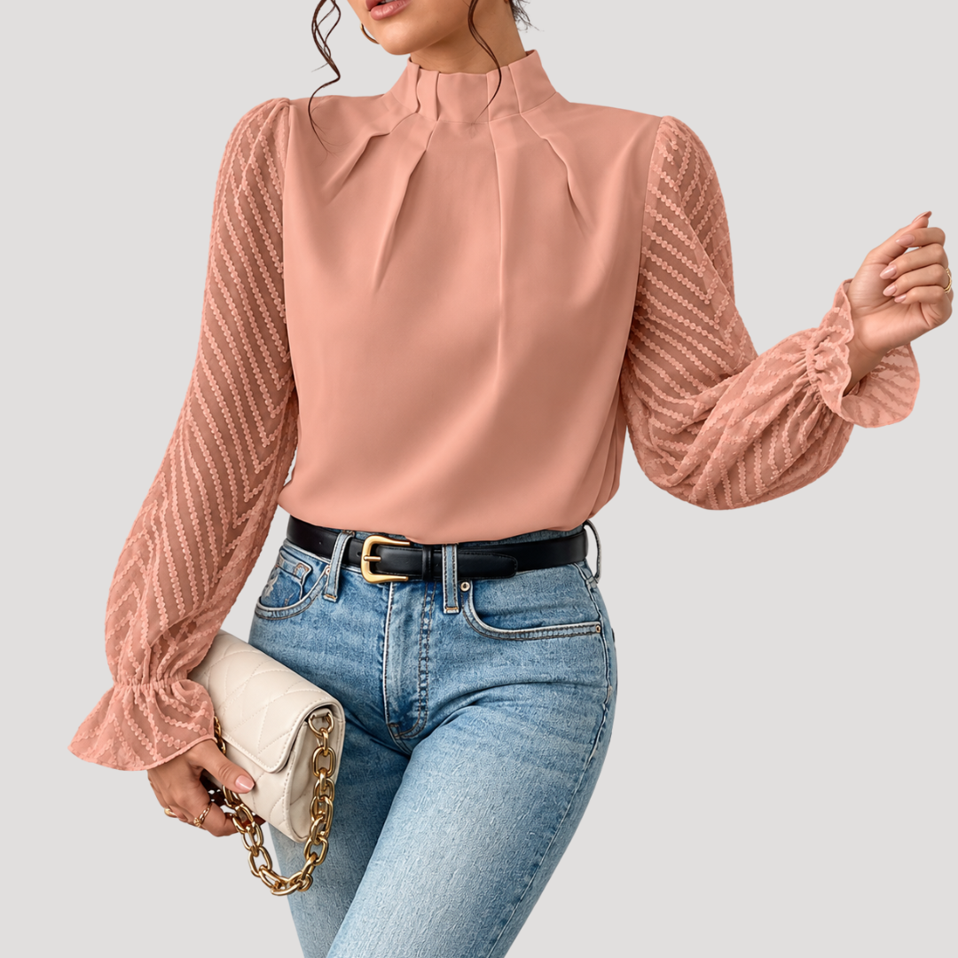 Blouse Femme à Col Montant et Manches Transparentes