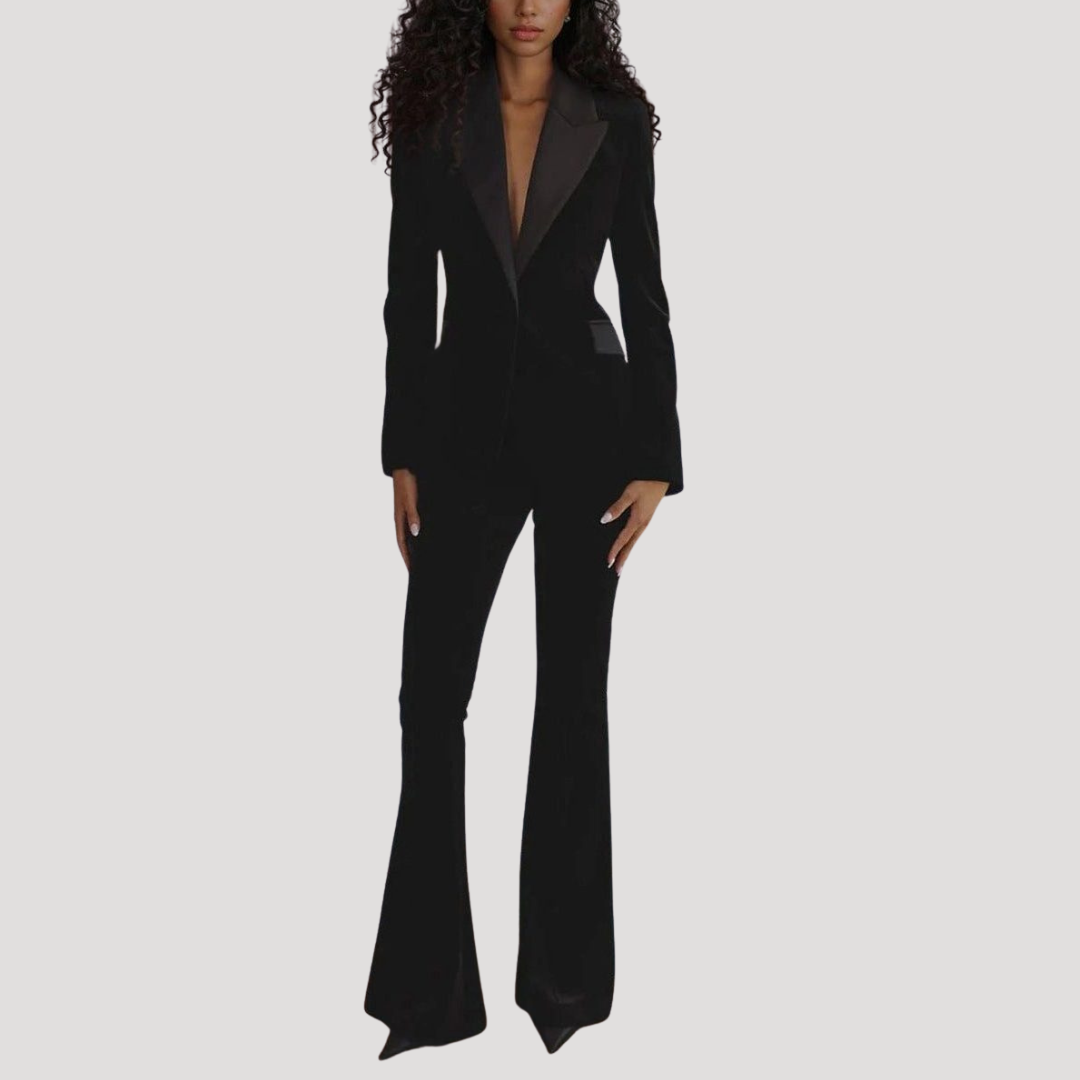Tailleur Femme en Velours à Blazer Ajusté et Pantalon Évasé