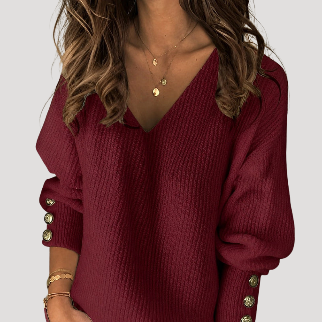 Pull Femme Col V à Détails Boutonnés