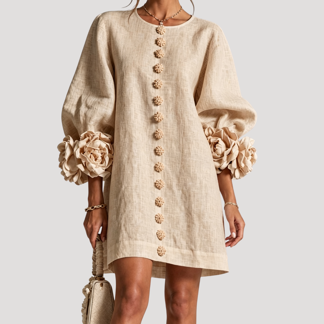 Robe courte femme à manches bouffantes et détails fleuris