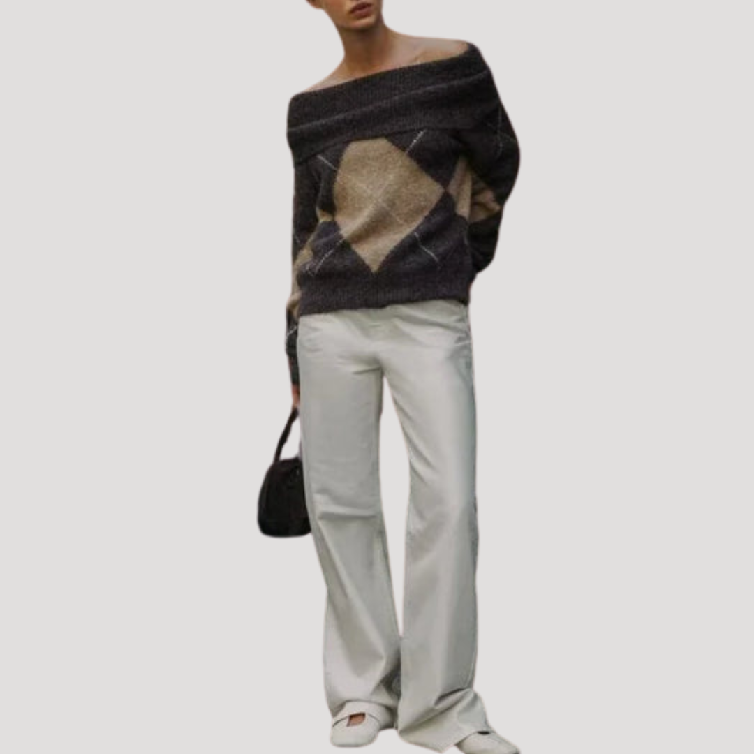 Pull Femme Argyle Épaules Dénudées