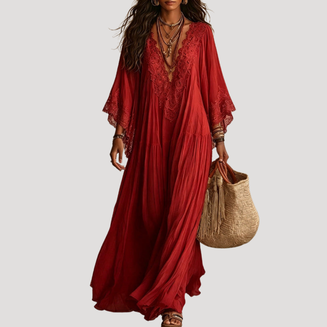 Robe Longue Bohème Femme Col V en Dentelle
