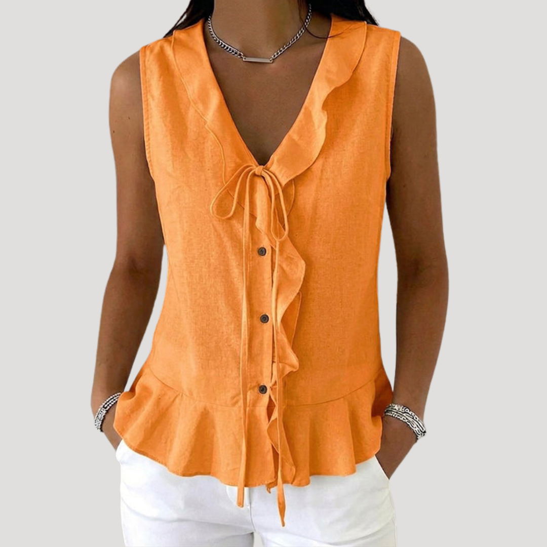Blouse Sans Manches Col Noué à Volants Femme