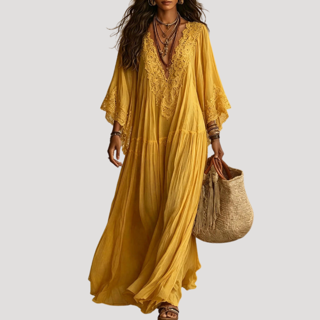 Robe Longue Bohème Femme Col V en Dentelle