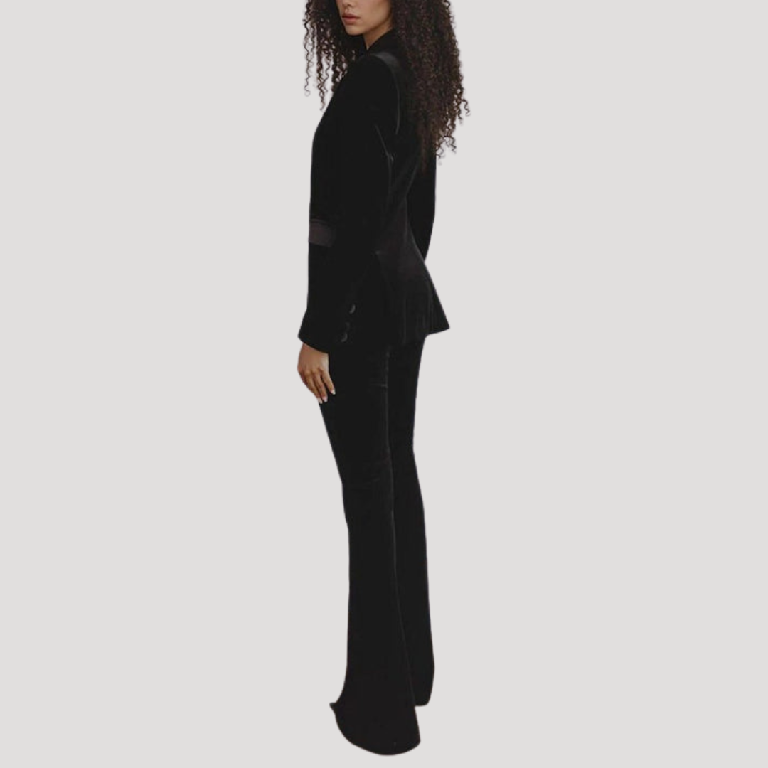 Tailleur Femme en Velours à Blazer Ajusté et Pantalon Évasé