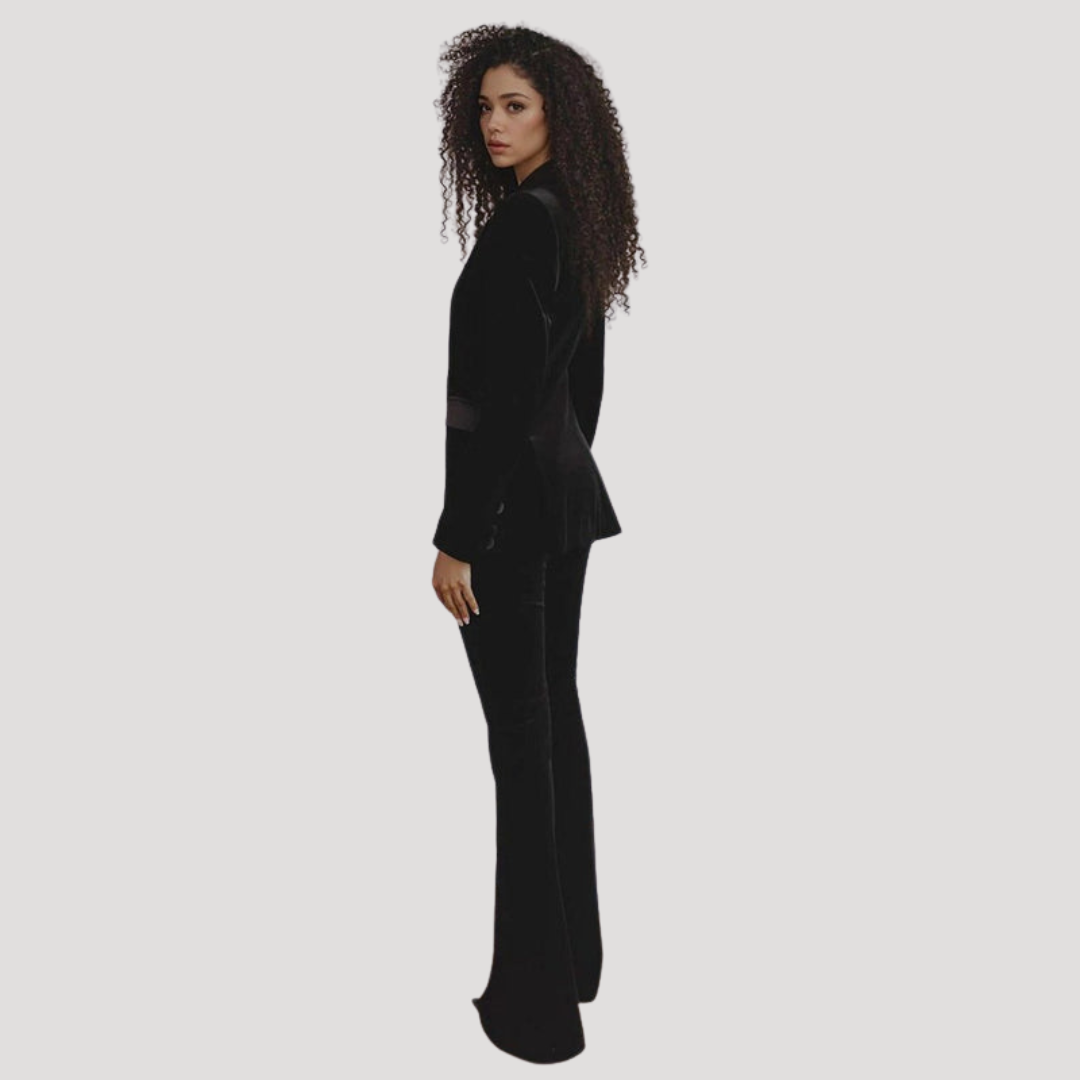 Tailleur Femme en Velours à Blazer Ajusté et Pantalon Évasé