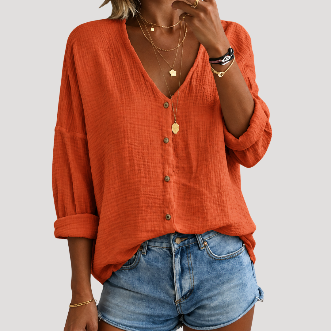 Blouse Femme Col V Boutonnée