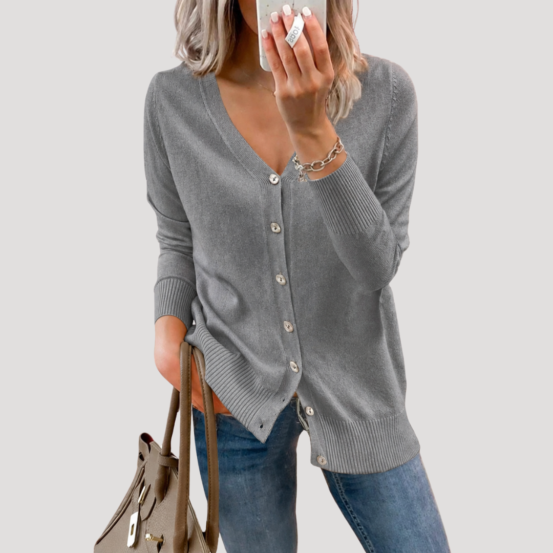 Cardigan Femme en Maille Col V à Poignets Côtelés