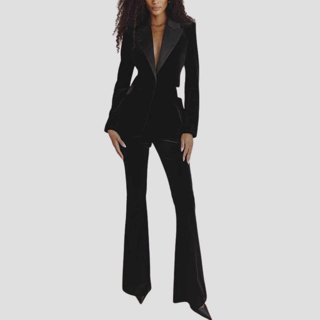 Tailleur Femme en Velours à Blazer Ajusté et Pantalon Évasé
