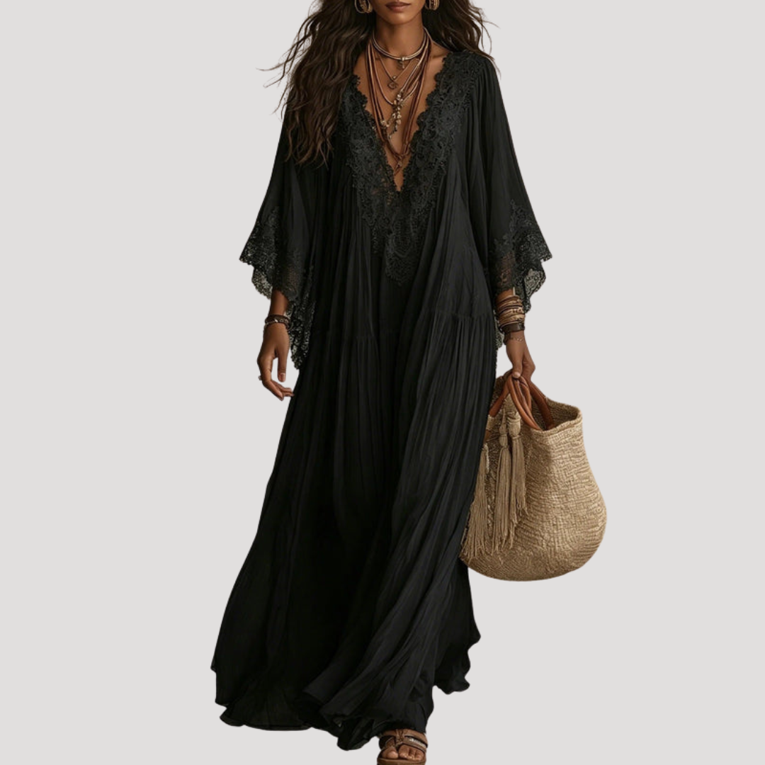 Robe Longue Bohème Femme Col V en Dentelle