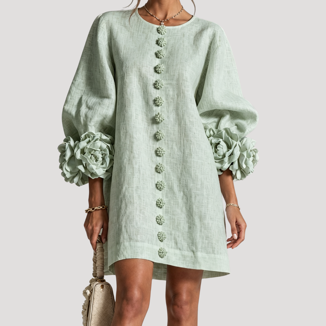 Robe courte femme à manches bouffantes et détails fleuris