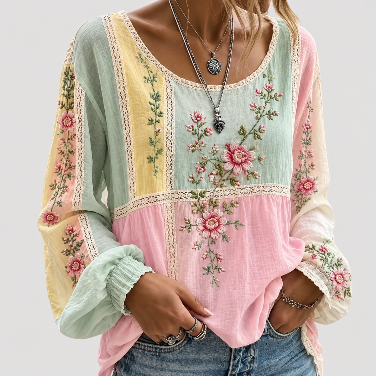 Blouse femme brodée bohème manches longues