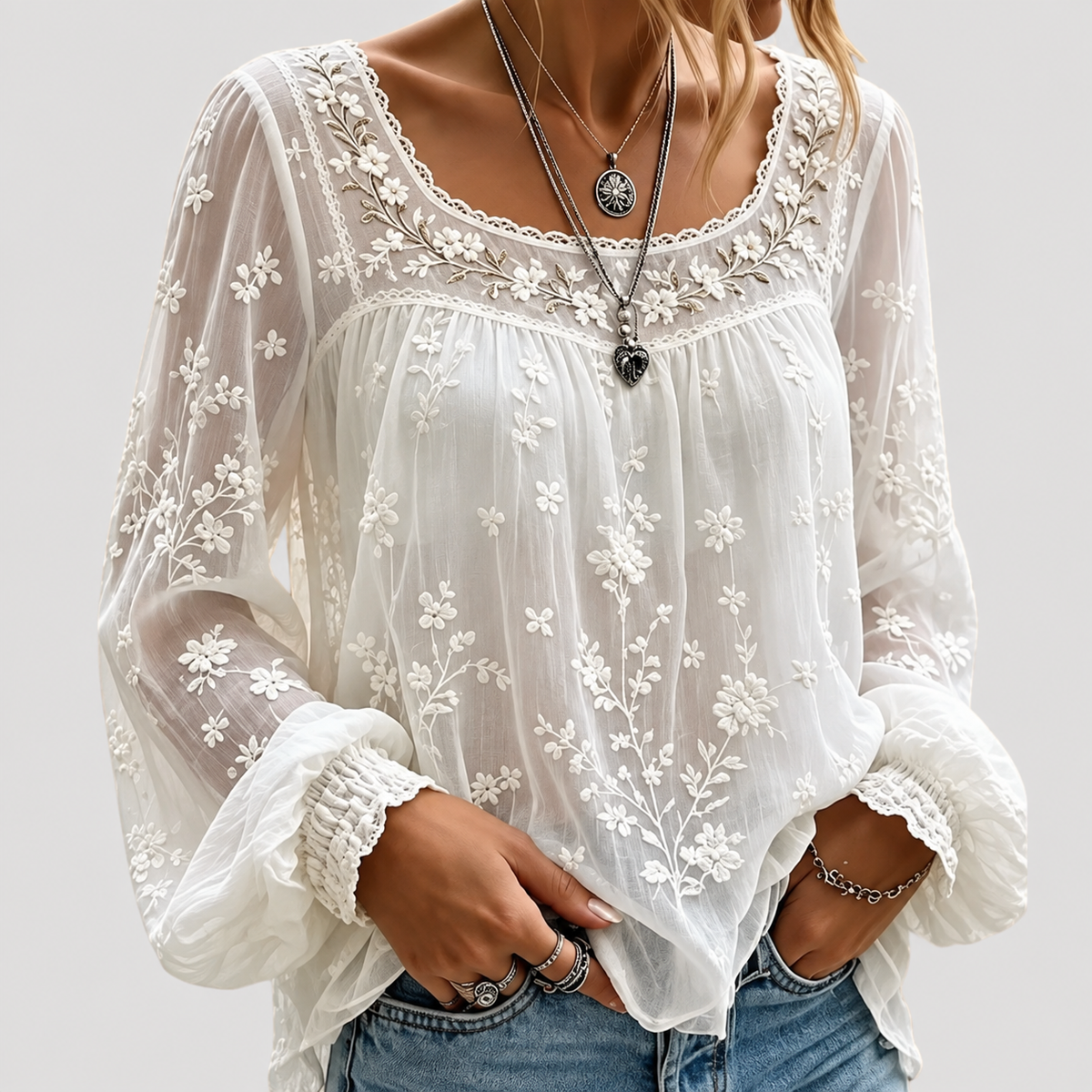 Blouse femme brodée bohème manches longues