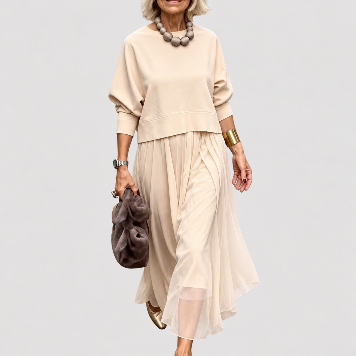 Ensemble jupe et haut femme avec jupe longue plissée