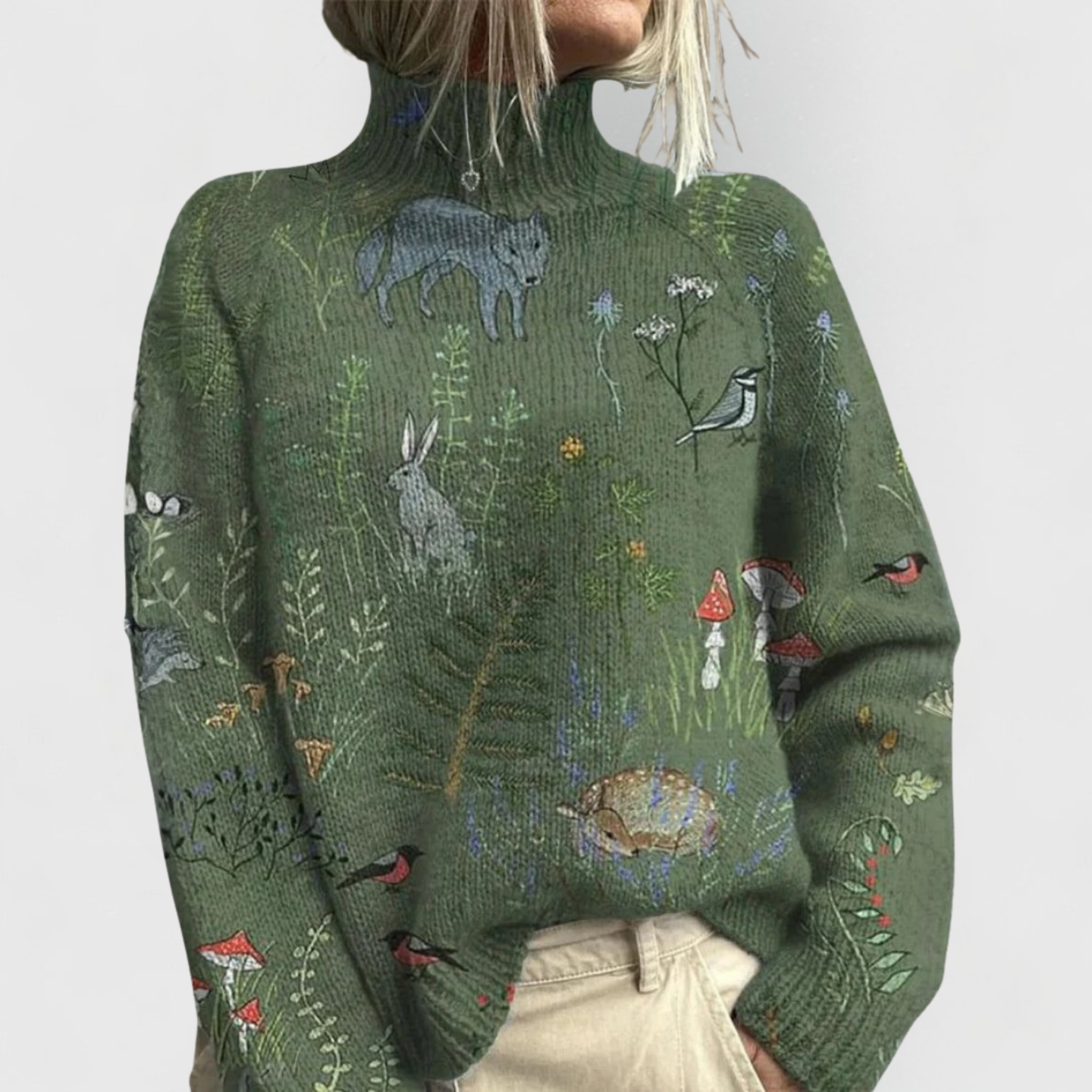 Pull Femme Col Roulé Motif Nature Décontracté