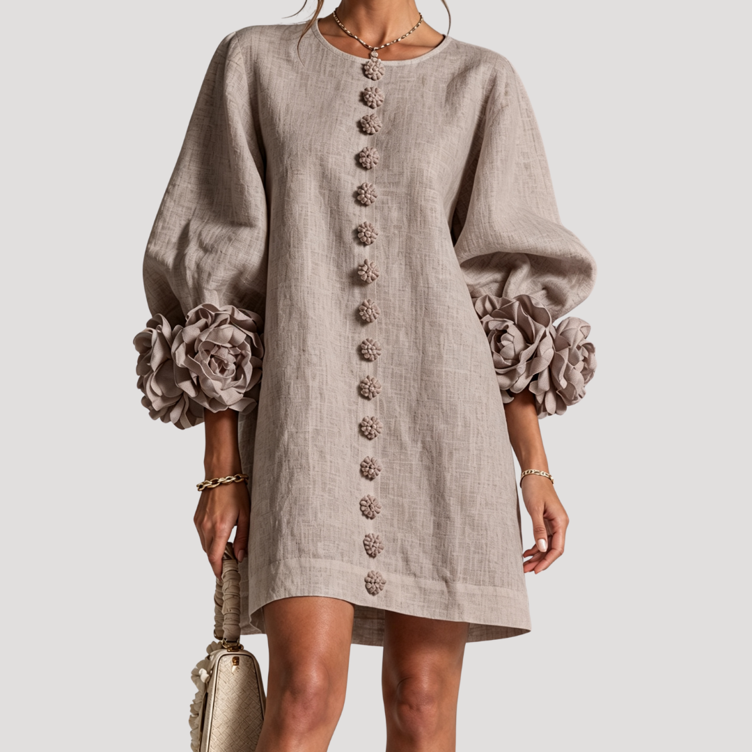 Robe courte femme à manches bouffantes et détails fleuris