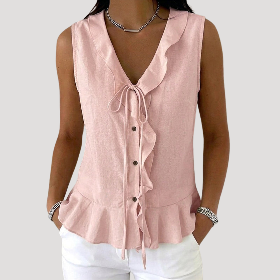 Blouse Sans Manches Col Noué à Volants Femme