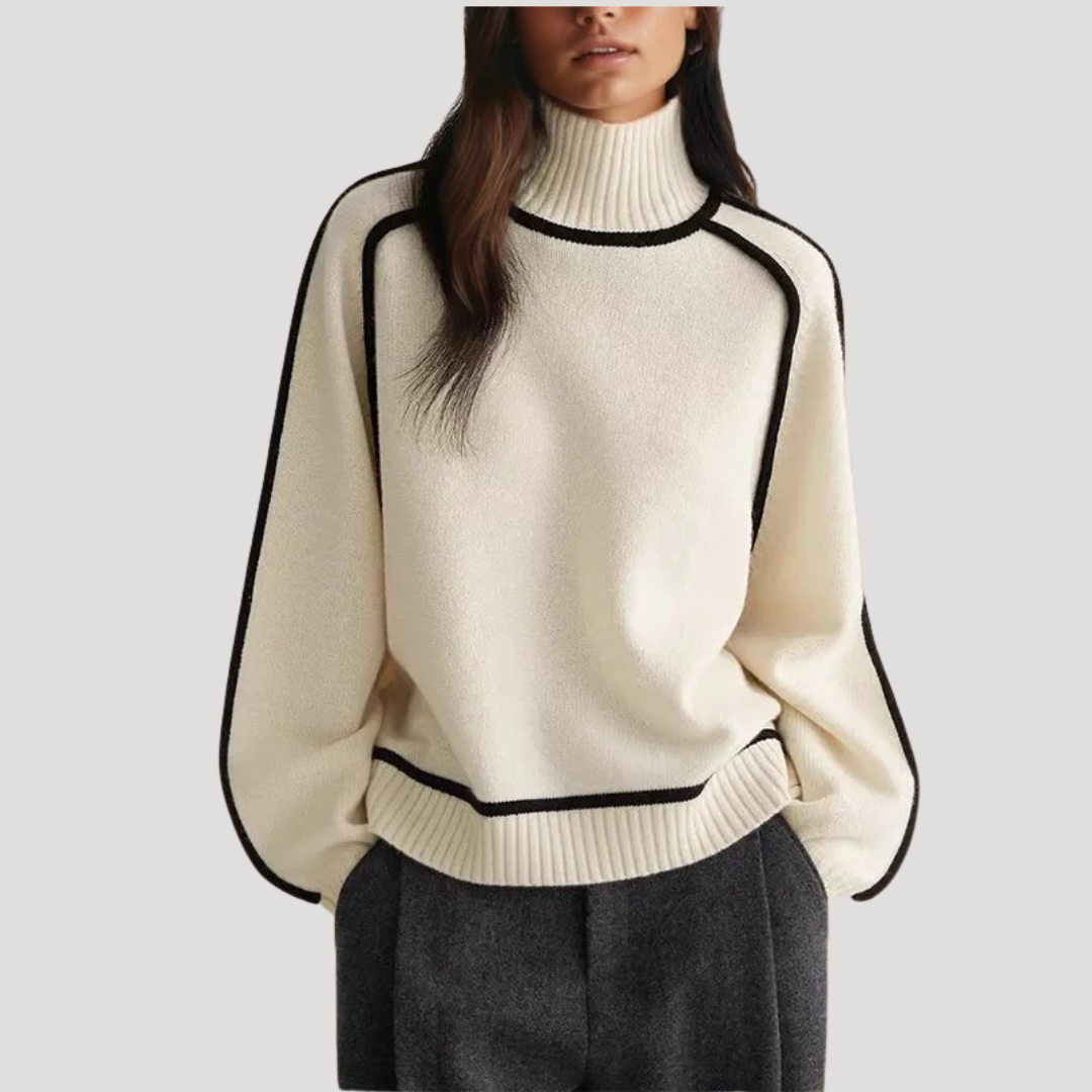 Pull Femme Col Montant à Bordures Contrastées