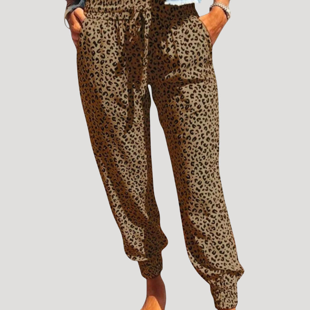 Pantalon de Jogging Femme à Imprimé Animalier et Taille à Cordon
