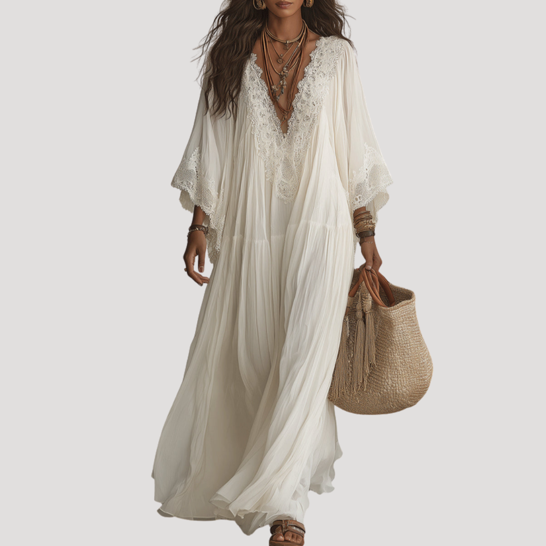 Robe Longue Bohème Femme Col V en Dentelle