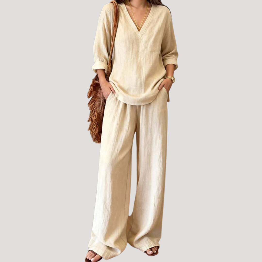 Ensemble Vacances Femme Haut Col V et Pantalon Large