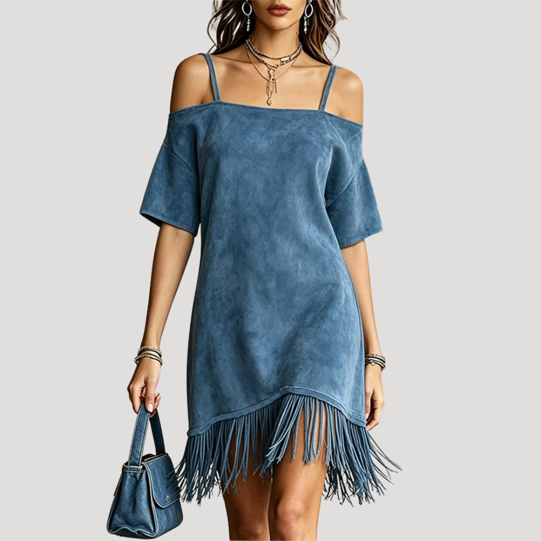 Robe Courte Épaules Dénudées à Franges Femme