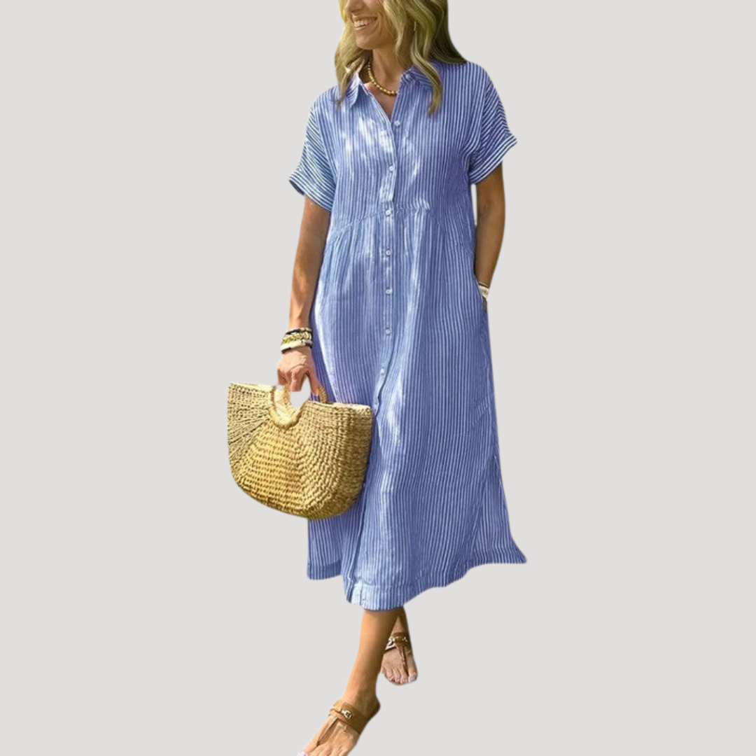 Robe Midi Femme Bohème Rayée Col Chemise