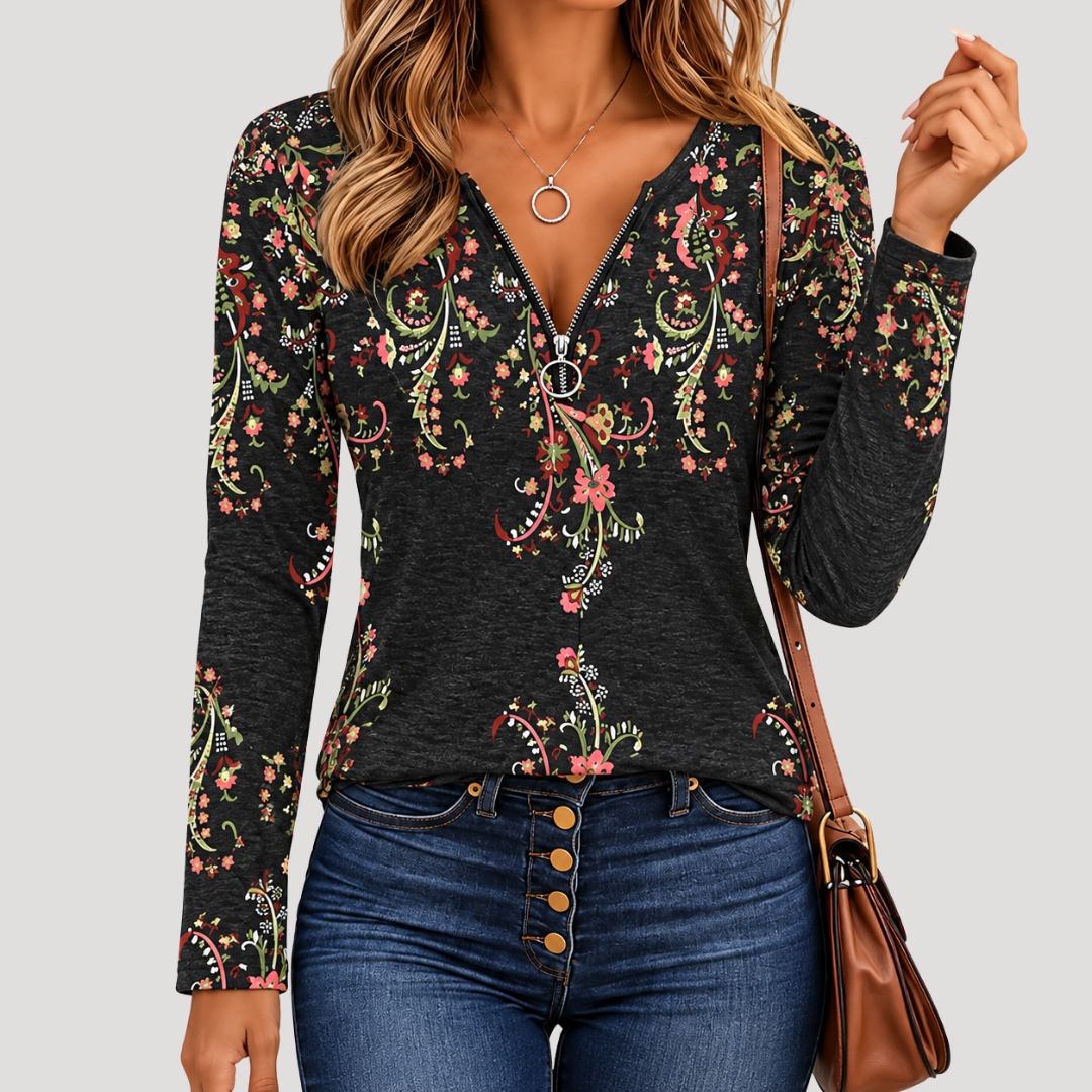Haut Femme à Motifs, Col en V et Manches Longues