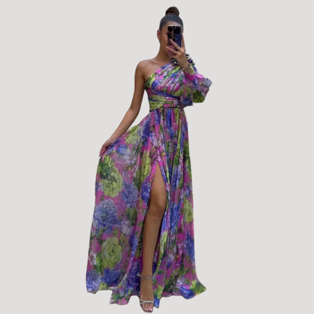 Robe longue fleurie chic asymétrique