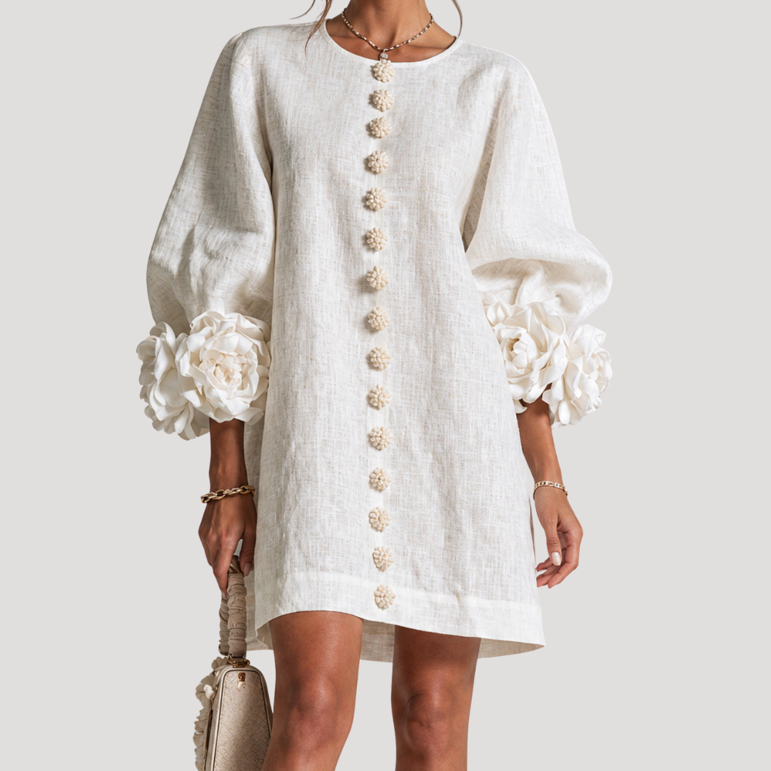 Robe courte femme à manches bouffantes et détails fleuris