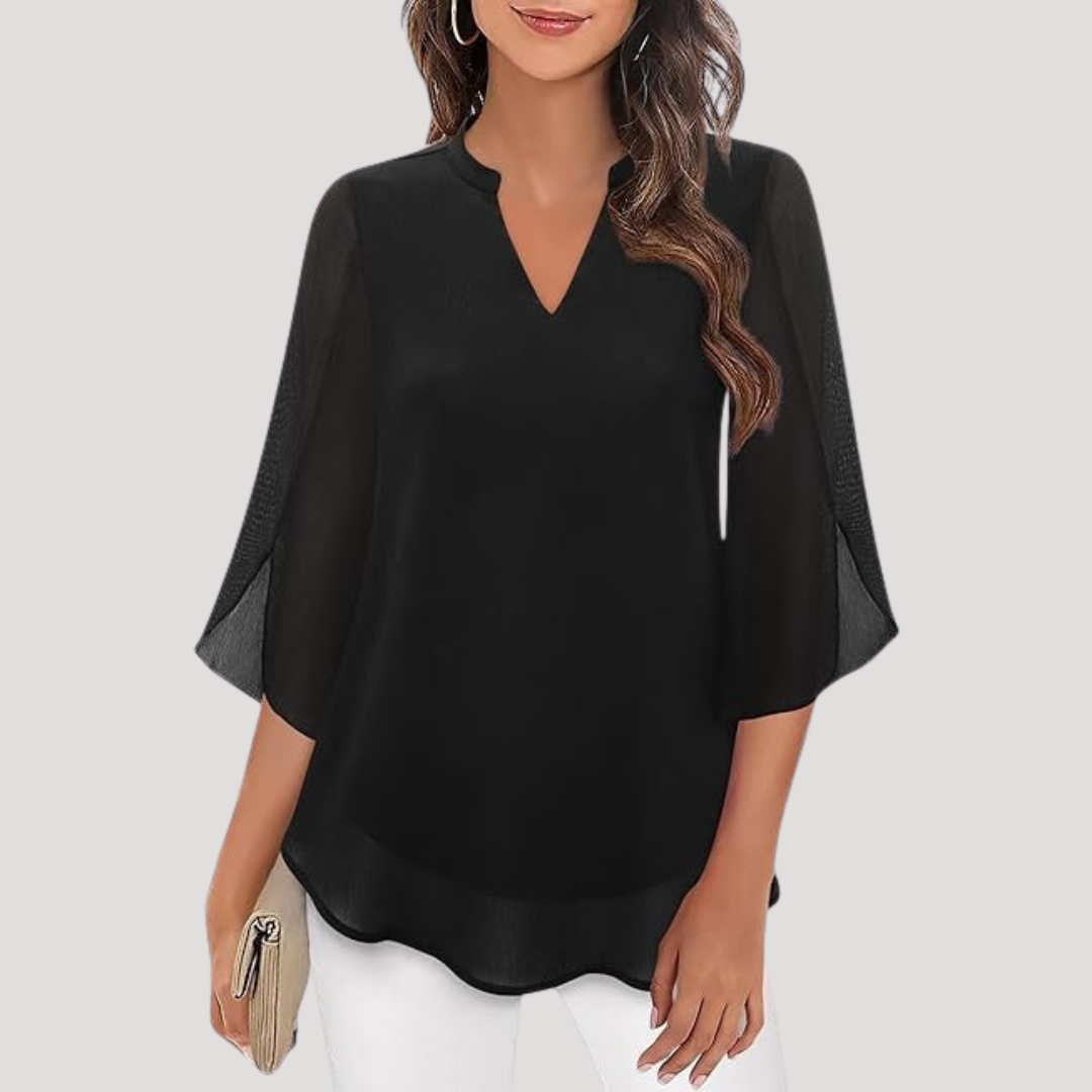 Blouse Femme Col V Manches Évasées Élégante