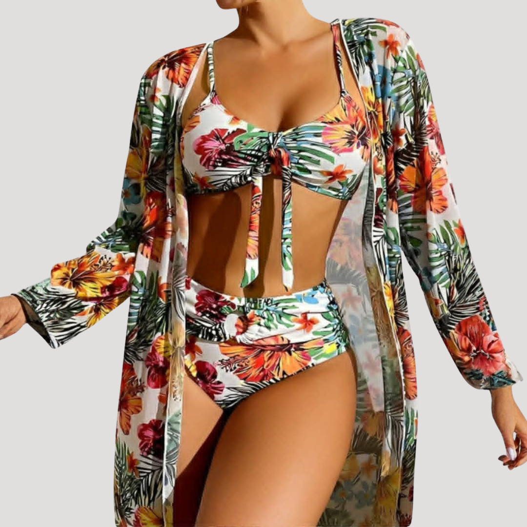 Tankini Femme Fleuri avec Kimono Long Assorti