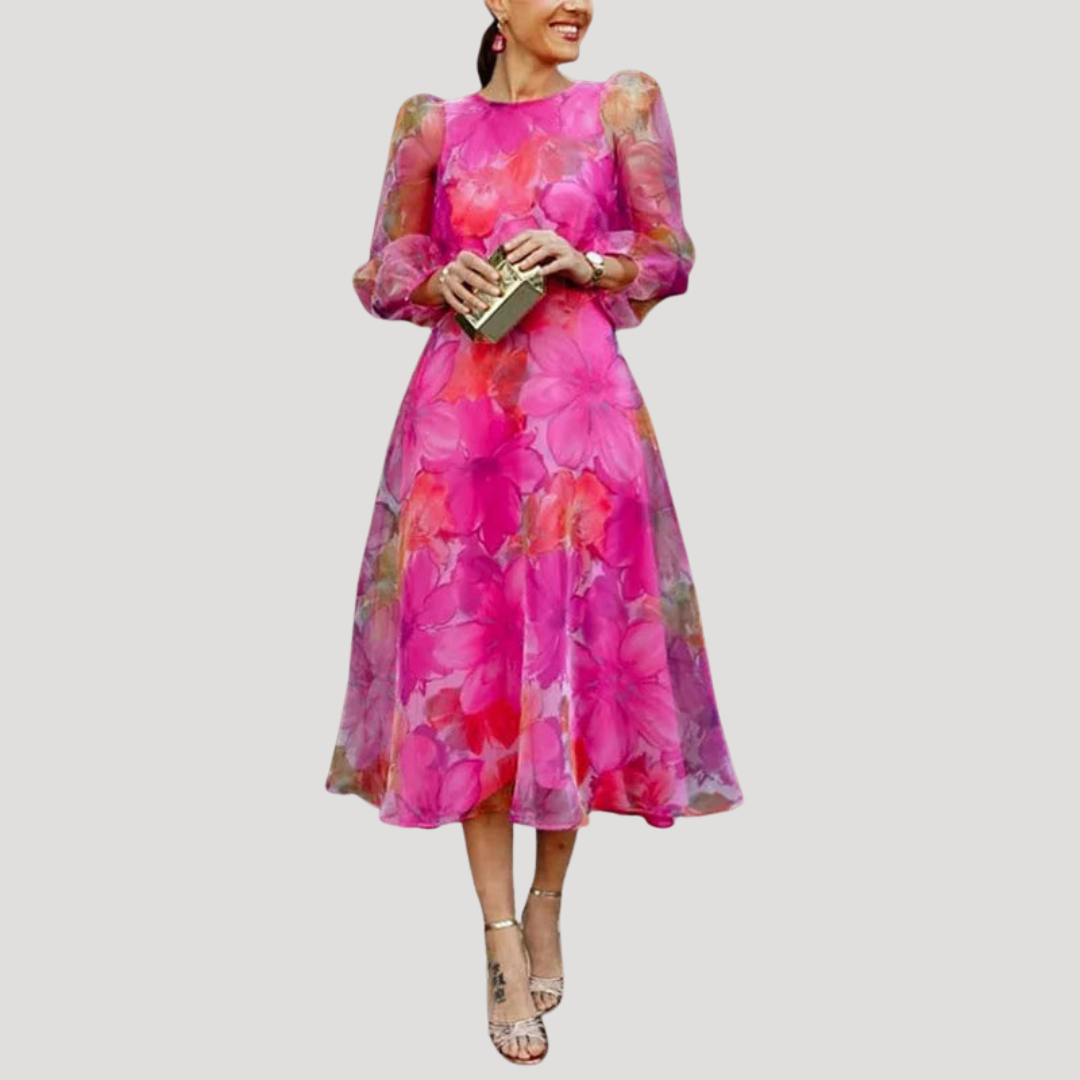 Robe Midi Femme Fleurie Manches Longues Élégante