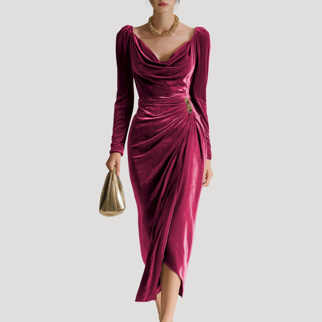 Robe Drapée Femme Velours Manches Longues Élégante