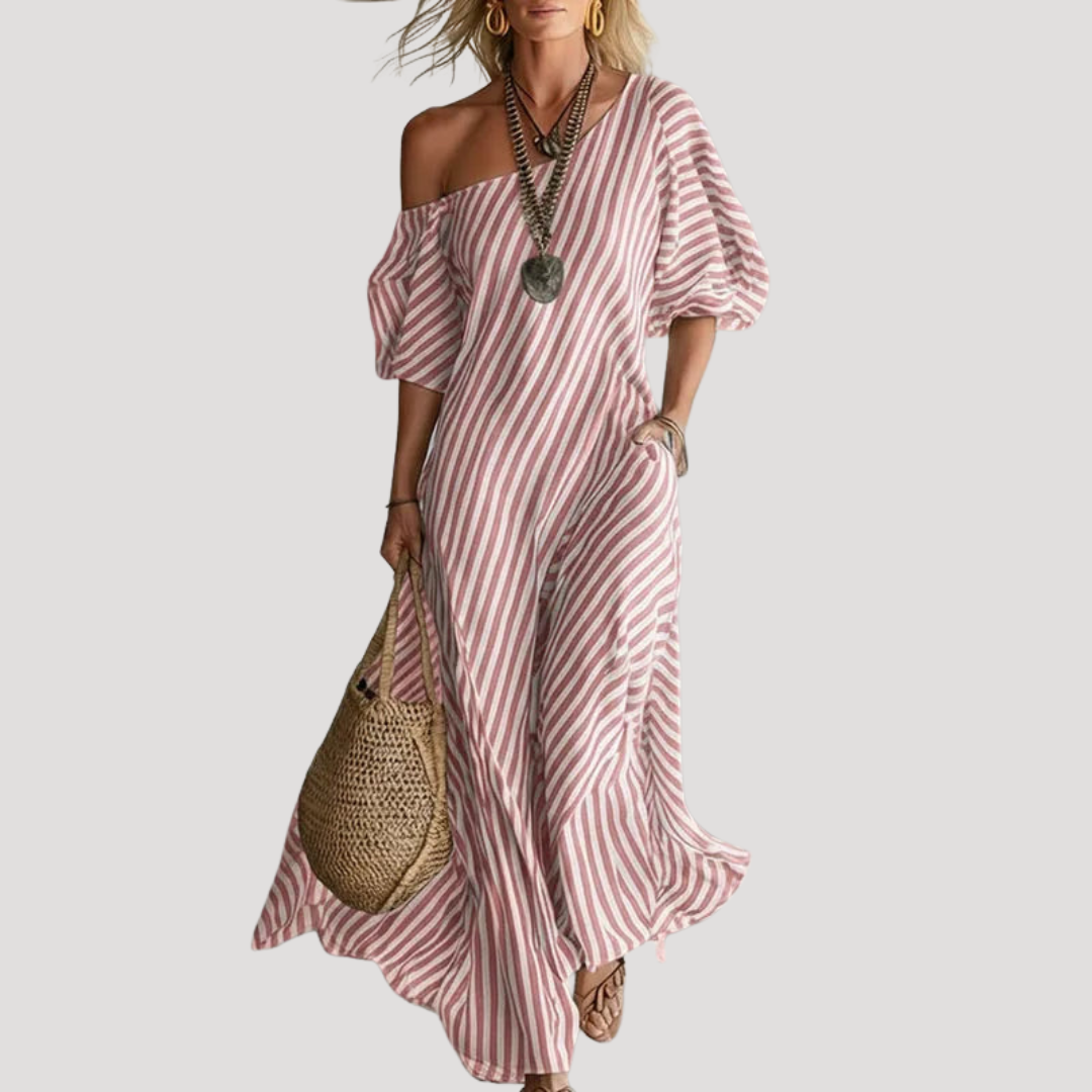 Robe Longue Femme Rayée Épaules Dénudées Bohème