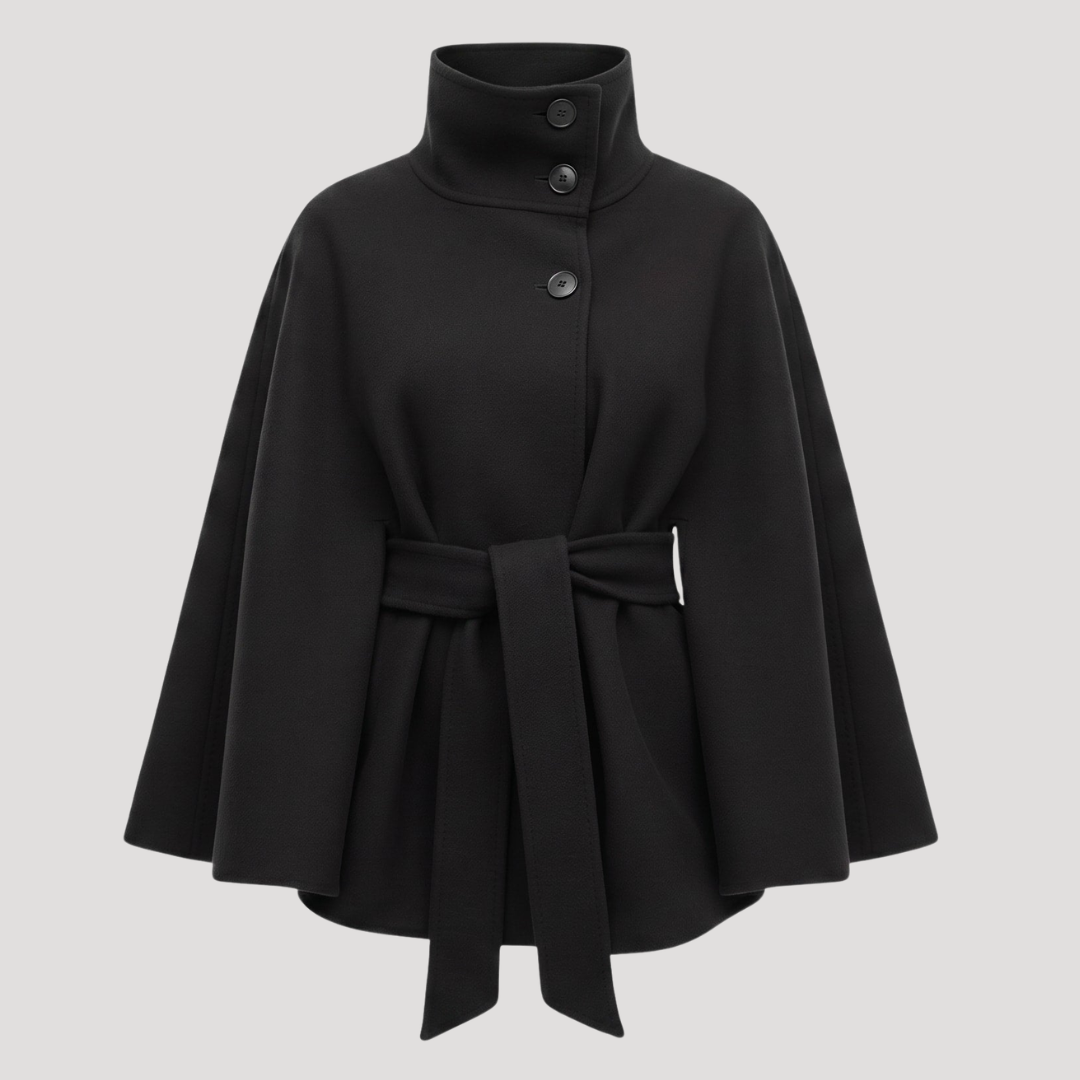Manteau cape femme ceinturé à col montant
