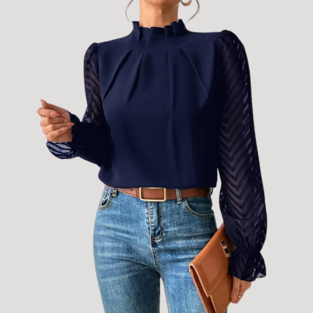 Blouse Femme à Col Montant et Manches Transparentes