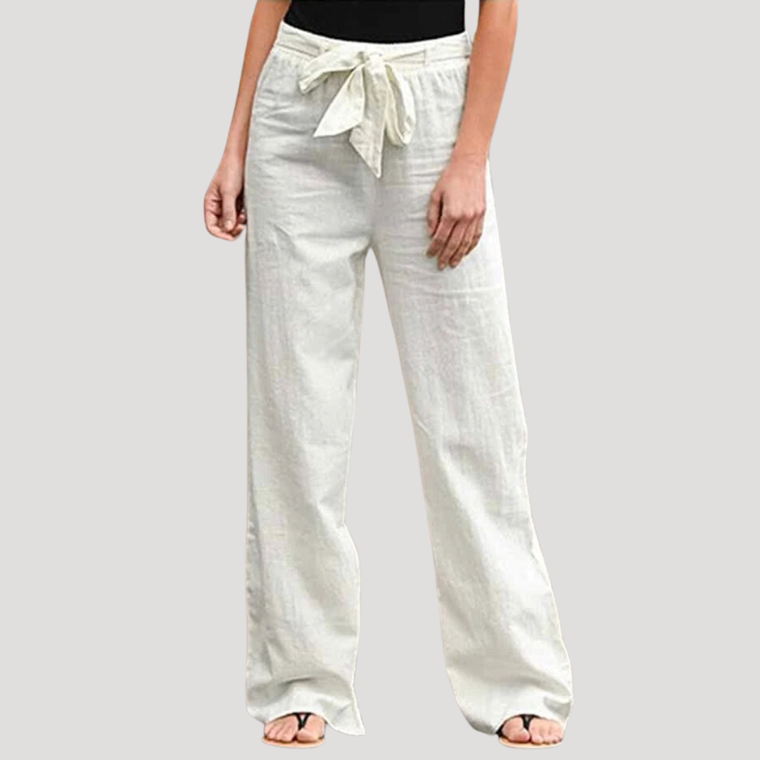 Pantalon femme d’été en lin léger coupe droite taille à nouer