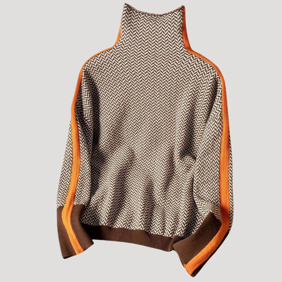 Pull Col Roulé Femme Jacquard Manches Contrastées
