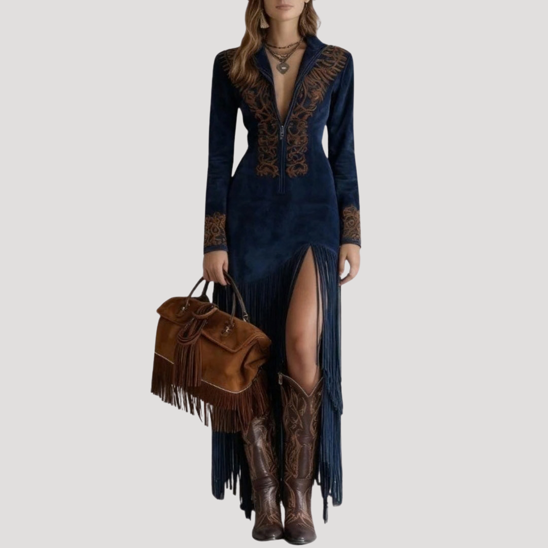Robe longue à franges fendue élégante