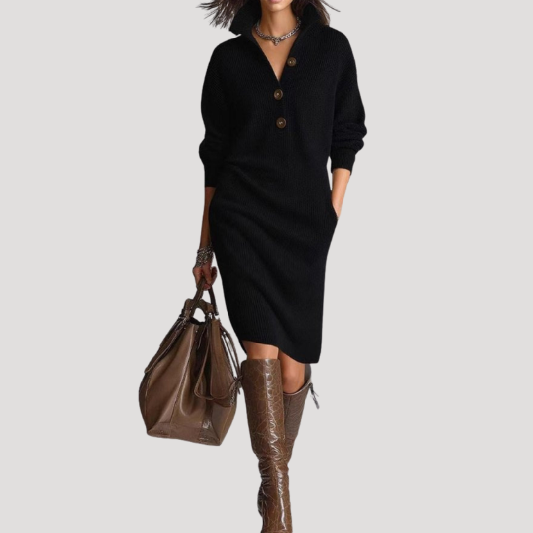 Robe Midi Femme en Maille Côtelée à Manches Longues