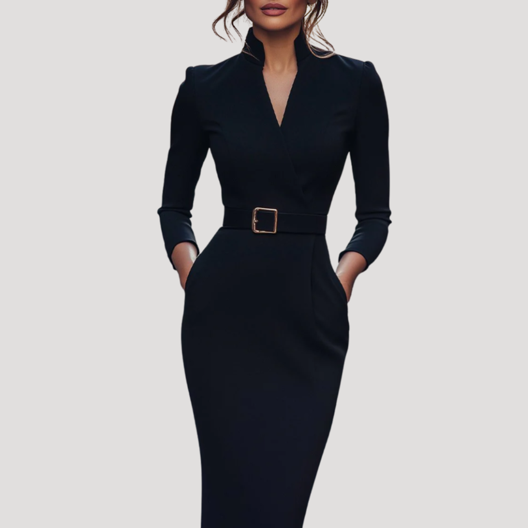 Robe Midi Femme de Bureau Col V Ajustée