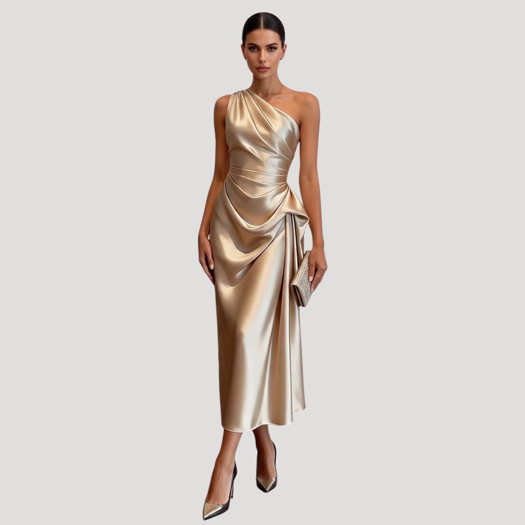 Robe Midi Satinée Une Épaule Femme