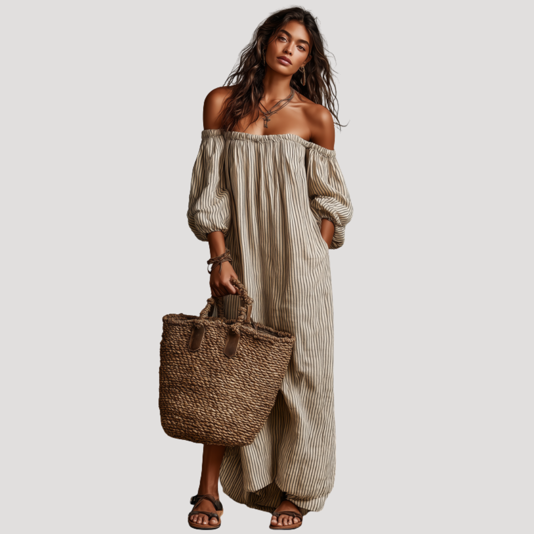 Robe Longue Épaules Dénudées Rayée Bohème