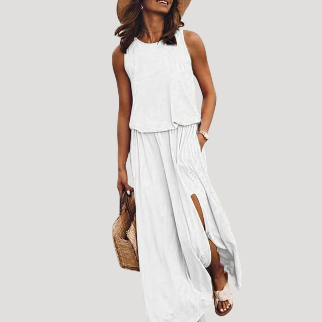 Robe longue fluide sans manches effet superposé