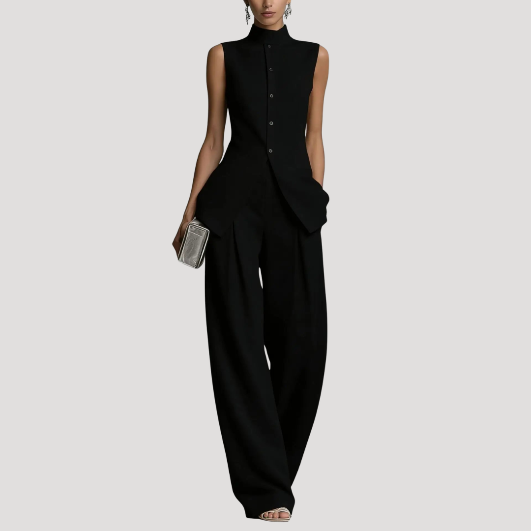 Tailleur Femme Chic Gilet Long et Pantalon Large