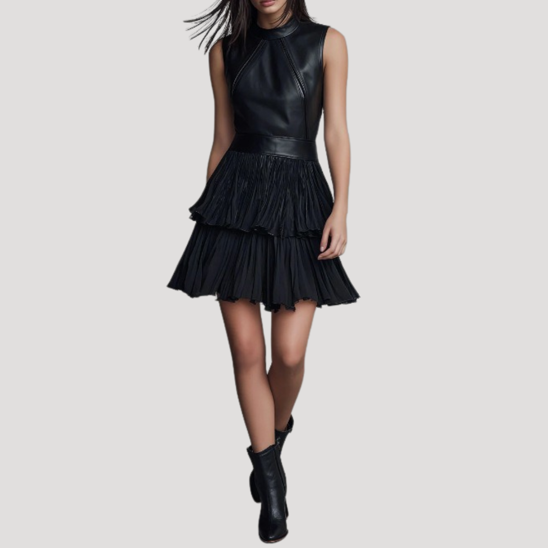 Robe courte en similicuir plissée chic de soirée