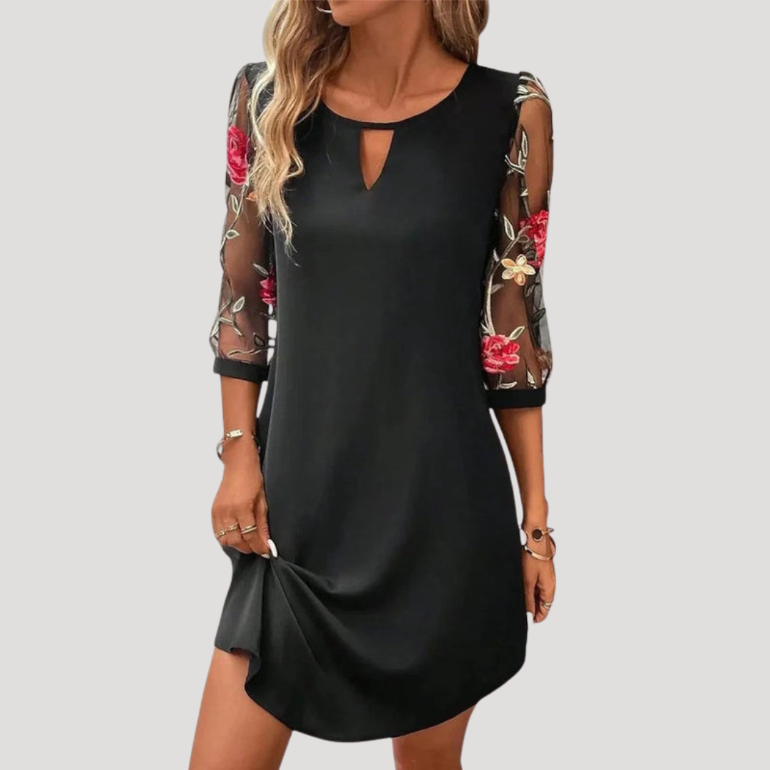 Robe Droite Femme Brodée Manches Transparentes