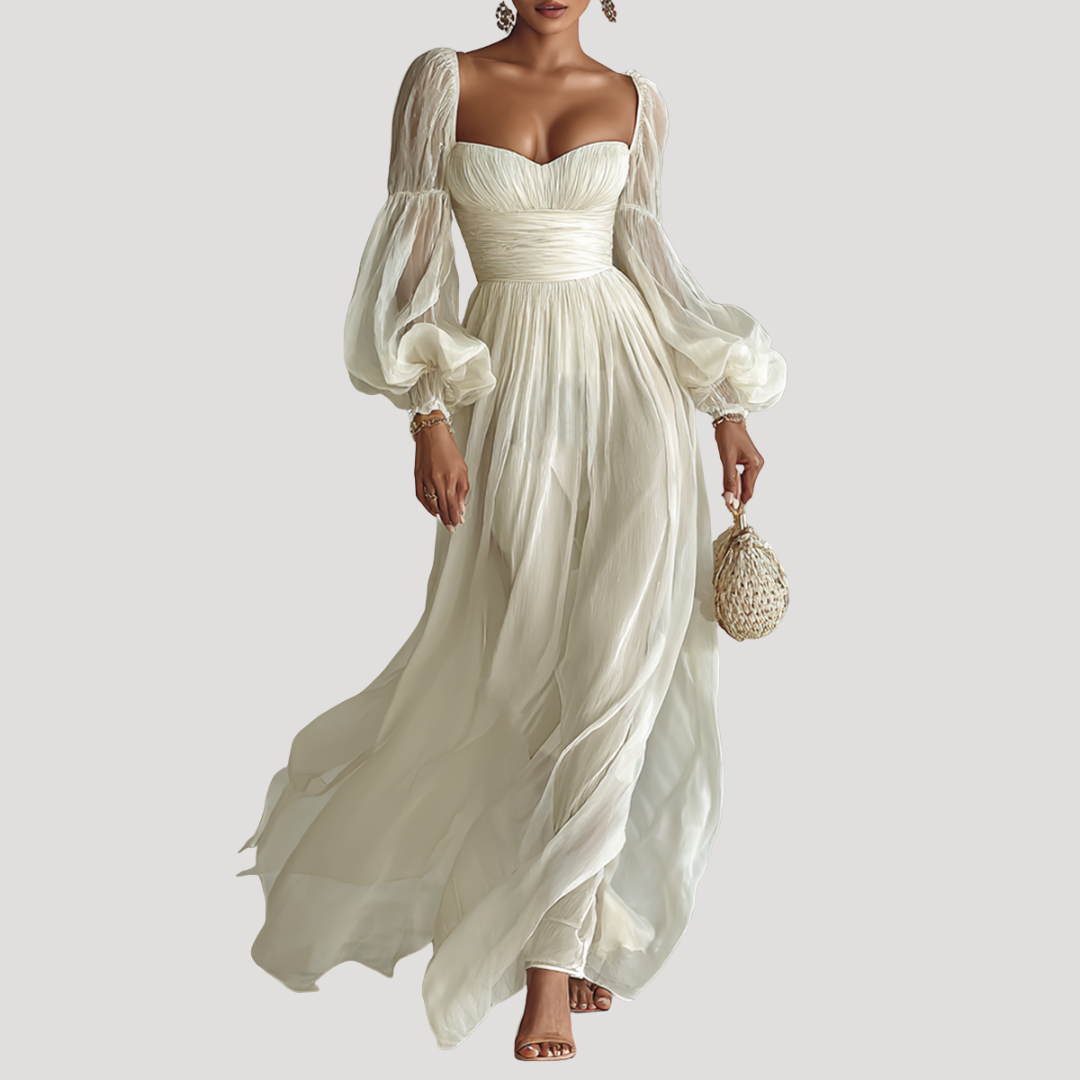 Robe Longue Femme Épaules Dénudées Manches Bouffantes