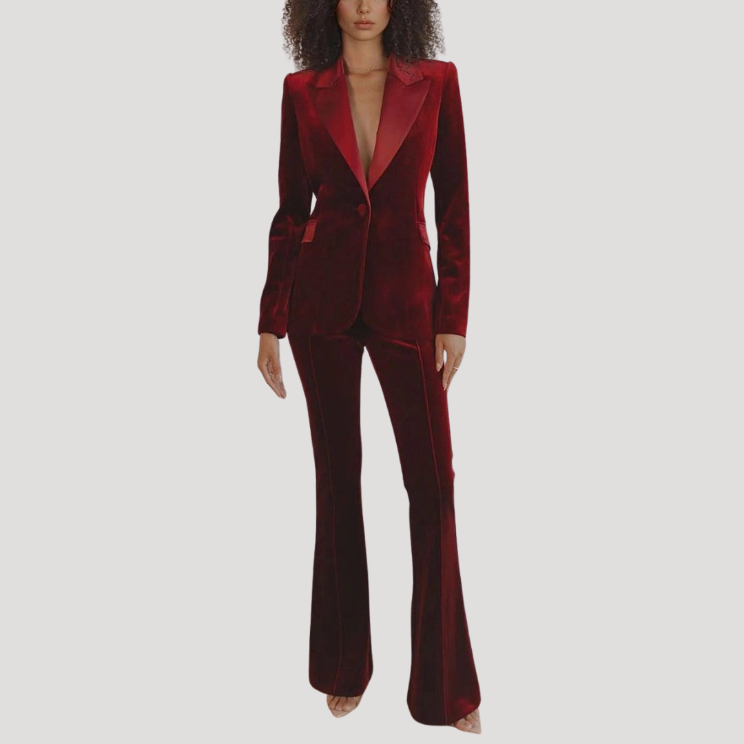 Tailleur Femme en Velours à Blazer Ajusté et Pantalon Évasé